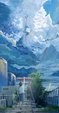 日系 日漫 屋舍 马路 铁网 白云 湖泊 城市等漫画动漫系列场景插画高清图片