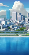 日系 日漫 屋舍 马路 铁网 白云 湖泊 城市等漫画动漫系列场景插画高清图片