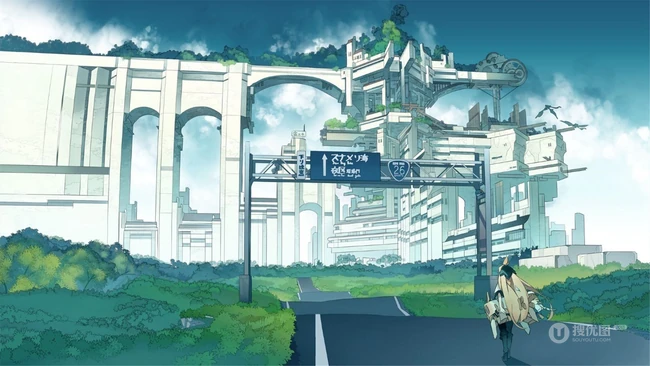 日系 日漫 屋舍 马路 铁网 白云 湖泊 城市等漫画动漫系列场景插画高清图片