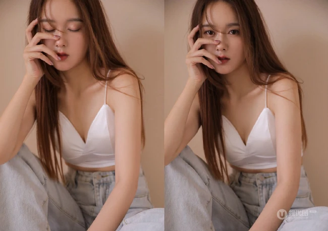 白色衬衫 背心 牛仔裤 长发漂亮纤细线条女生室内气质时尚写真图片