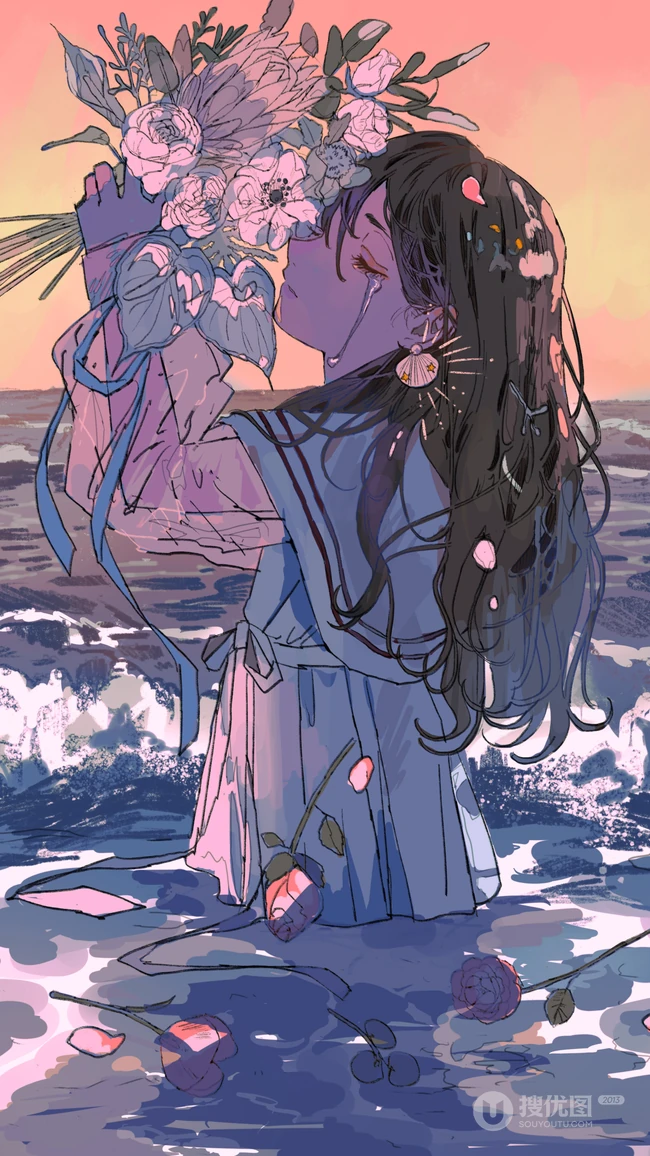 每日插画手机壁纸，站在海中拿着花束的动漫女孩