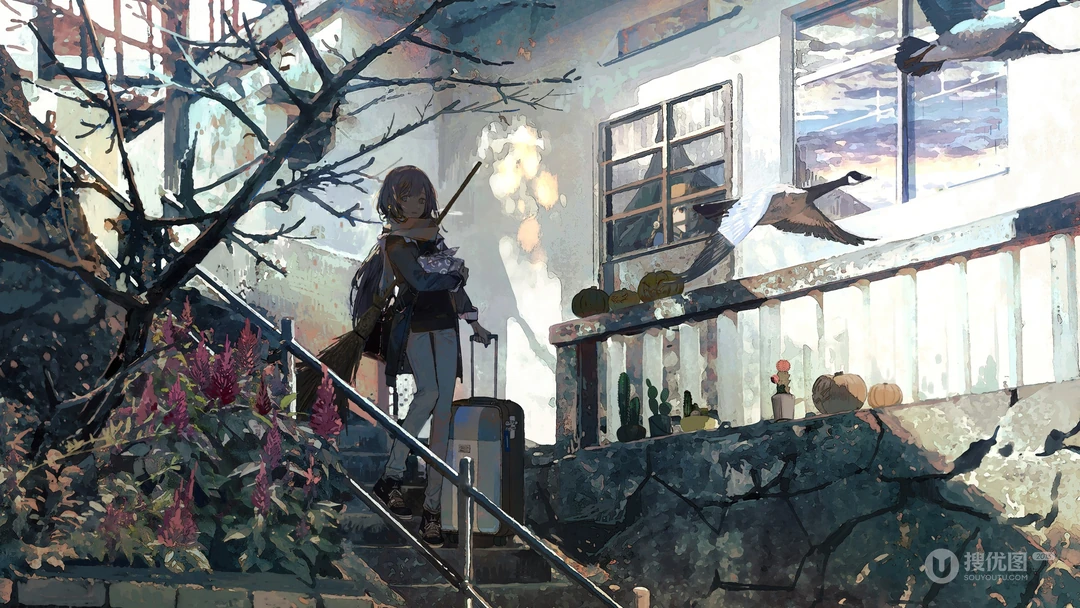 扫把，行李箱，台阶，动漫少女高清壁纸