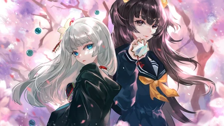 粉色樱花树下的动漫少女学生妹高清壁纸
