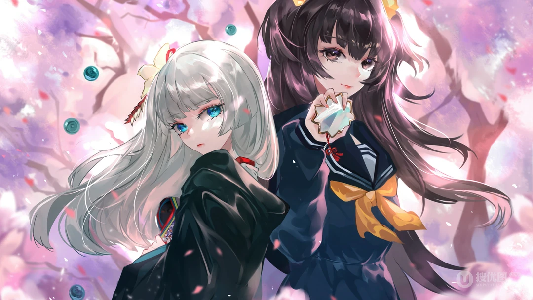 粉色樱花树下的动漫少女学生妹高清壁纸