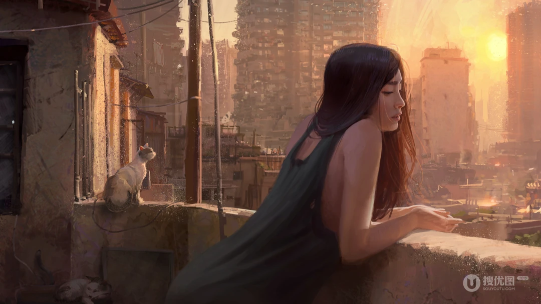和宠物猫在阳台上看风景的动漫少女壁纸图片