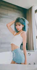 身形匀称精选身材染发女生短款装肩带衣紧身裤浴室吸睛写真图片