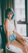 身形匀称精选身材染发女生短款装肩带衣紧身裤浴室吸睛写真图片