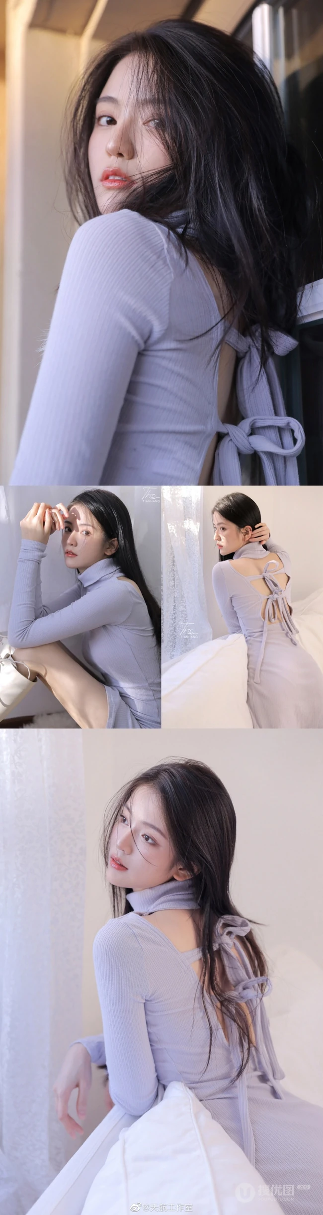 长发及腰高颜值精选少女蓝色紧身连衣裙高筒靴穿搭气质写真集