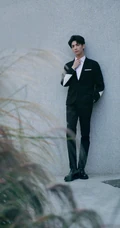 罗云熙黑西装白衬衫穿搭现身户外芦苇坡上帅气秋意写真照