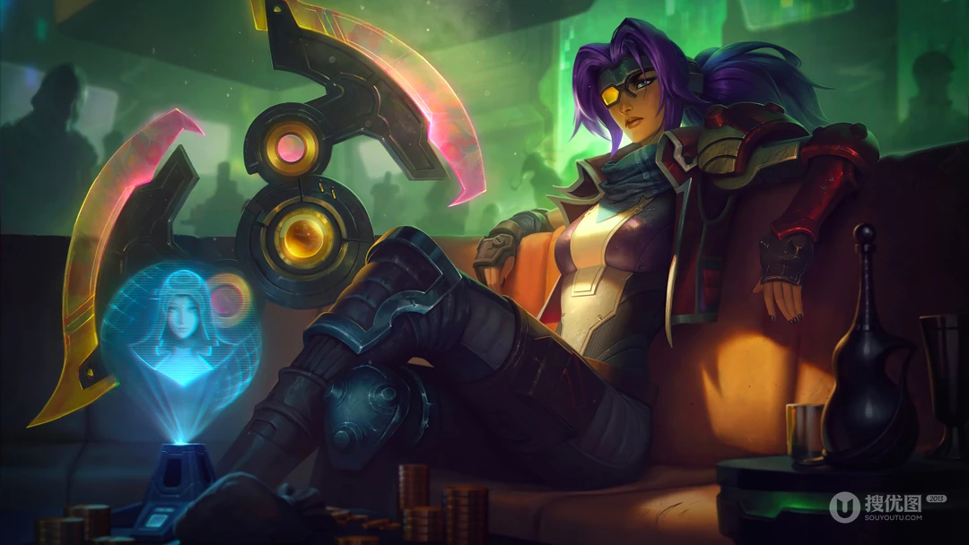 大飞镖武器坐在沙发上的LOL游戏人物插画壁纸图片