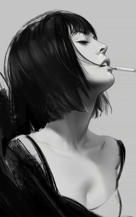 手绘吸烟的短发美女超个性手机壁纸