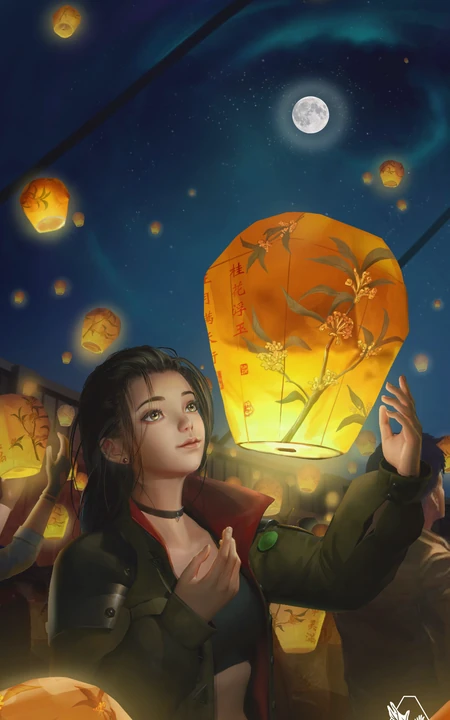 3D动漫插画&ldquo;放孔明灯的动漫美女&rdquo;高清手机壁纸