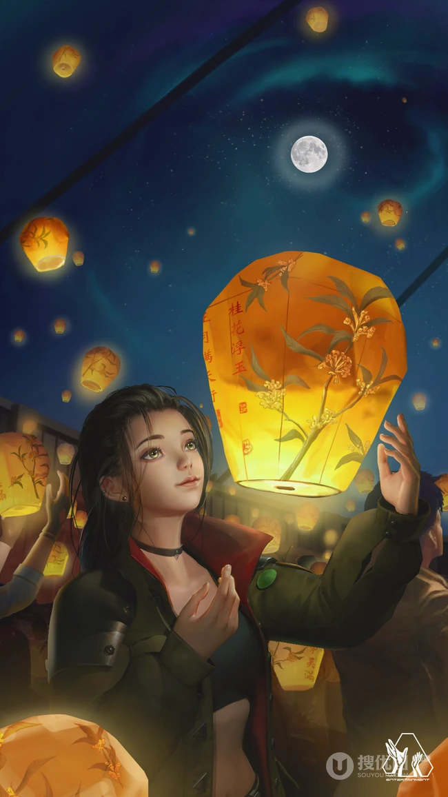 3D动漫插画&ldquo;放孔明灯的动漫美女&rdquo;高清手机壁纸
