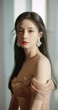 沈梦辰优雅气质金粉色轻纱礼裙裙礼服显动人美肩锁骨写真照