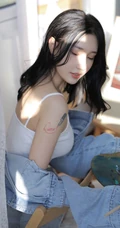 肩部有纹身的画画女生紧身肩带背心牛仔裙小露匀称上围线条感小气质写真照