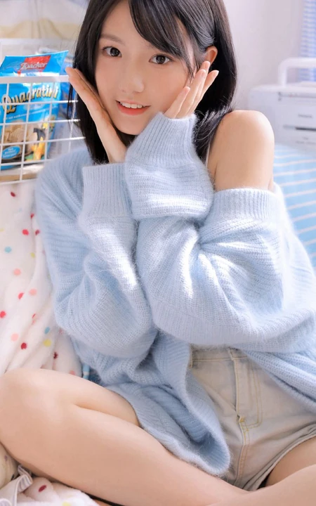 眼睛明亮，伶俐可人元气少女肩带背心牛仔短裤室内可爱写真照