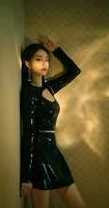 周洁琼气质魅惑黑色V领闪亮连衣裙卧室沙发光影写真图集