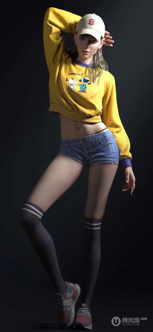 3D动漫人像插画短裤丝袜鸭舌帽的动漫美女高清手机壁纸