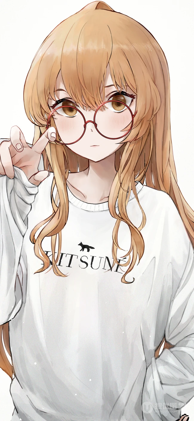 手绘戴大圆框眼镜的动漫女生手机背景图片