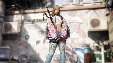 运动衫动漫美女身背武士刀站在涂鸦墙前的插画壁纸