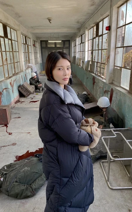 徐冬冬身穿黑色羽绒服片场照片及气质室内肩带衣美照