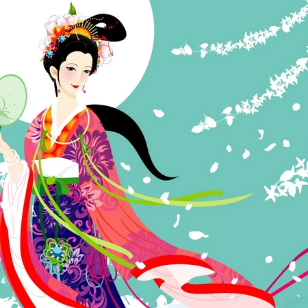 嫦娥与月亮图片，古风古韵卡通嫦娥素材插画美图
