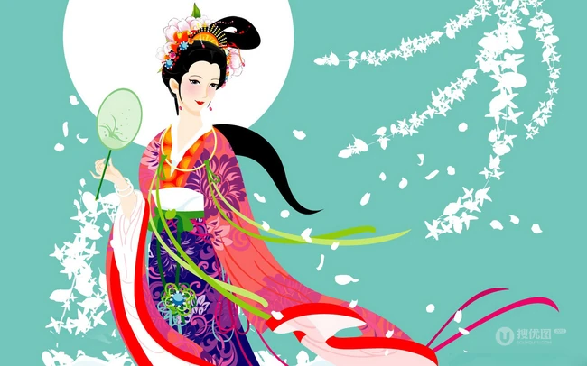 嫦娥与月亮图片，古风古韵卡通嫦娥素材插画美图