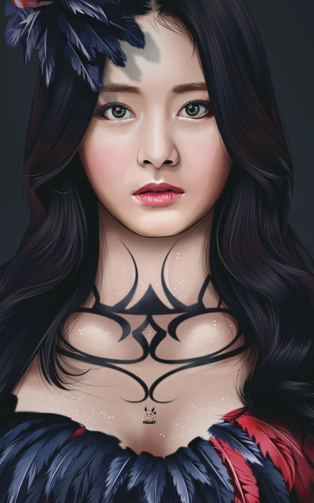手绘高雅的长发亚洲美女人像插画高清手机壁纸图片