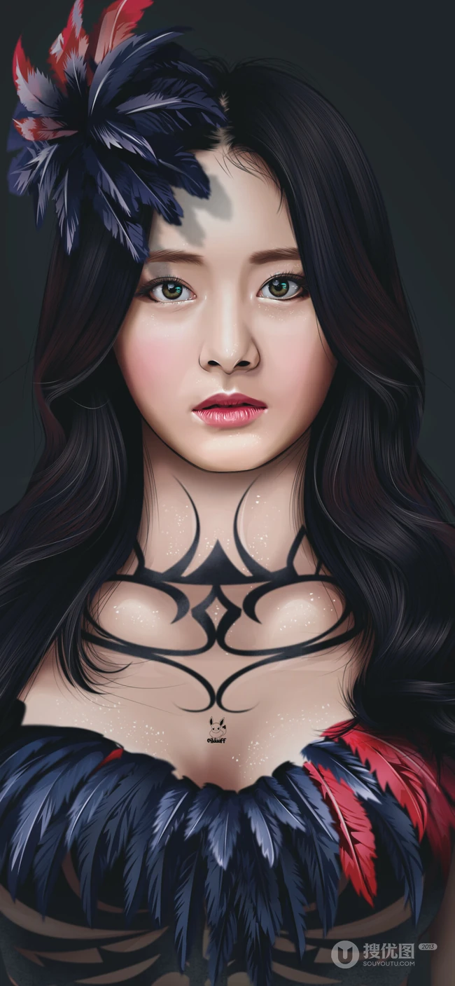 手绘高雅的长发亚洲美女人像插画高清手机壁纸图片