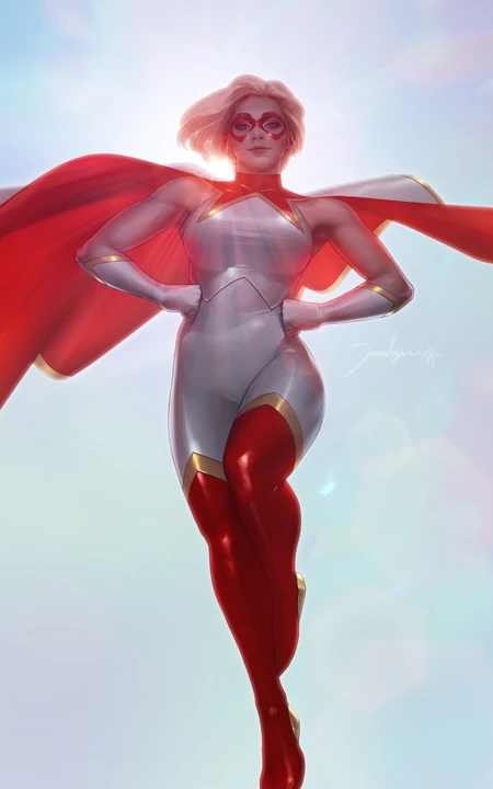 穿红色披风飞在空中帅气的欧美女超人高清手机壁纸