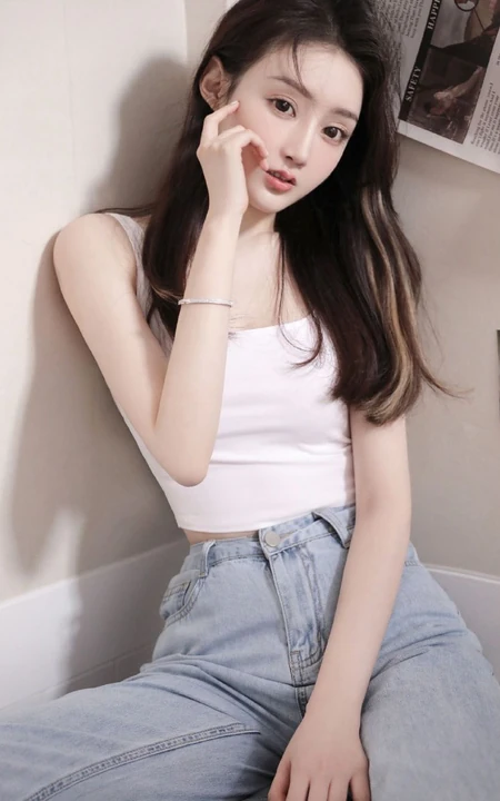 嘴角有痣的大眼睛气质长发女生白背心牛仔裤居家沙发慵懒动人写真照