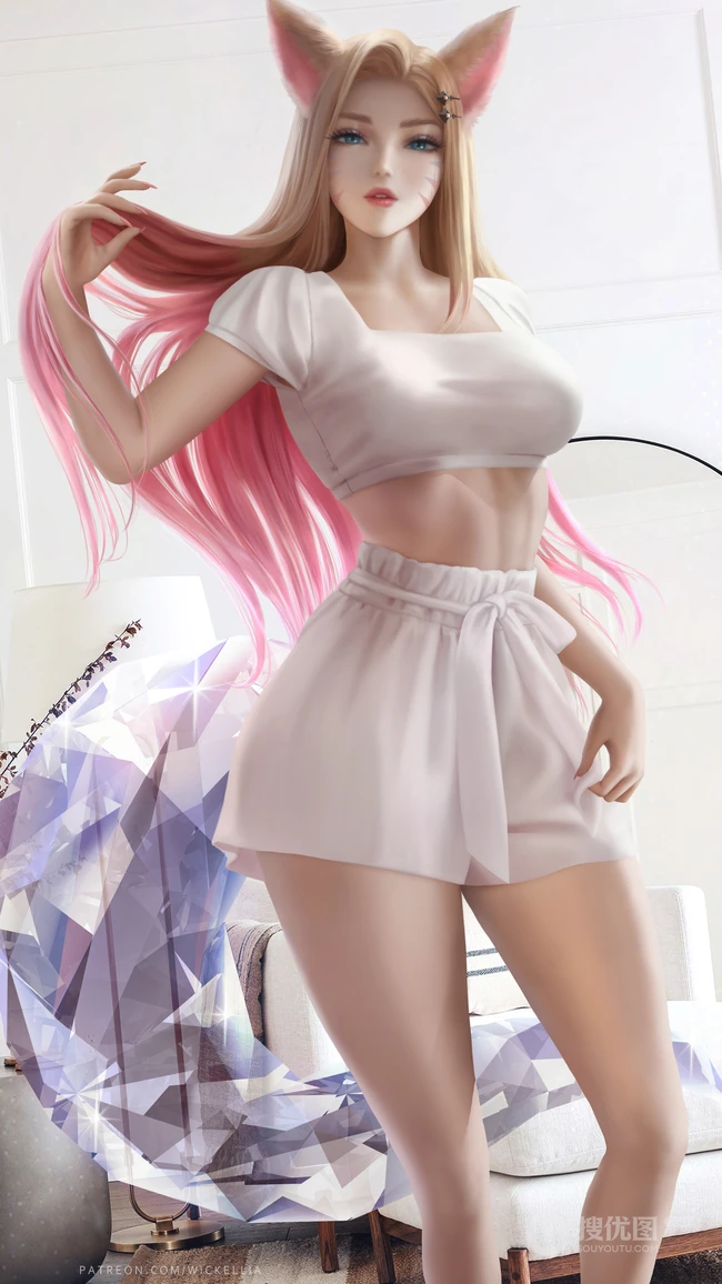 狐狸人物阿卡丽性感S腰线插画手机壁纸