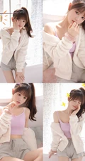 气质可爱俏皮马尾辫发型少女休闲短款装肩带背心短裤室内写真照