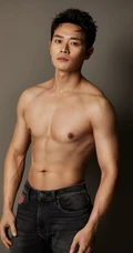 曹骏上身造型牛仔裤拍硬汉风格写真，身材健美，腹肌明显