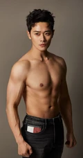 曹骏上身造型牛仔裤拍硬汉风格写真，身材健美，腹肌明显