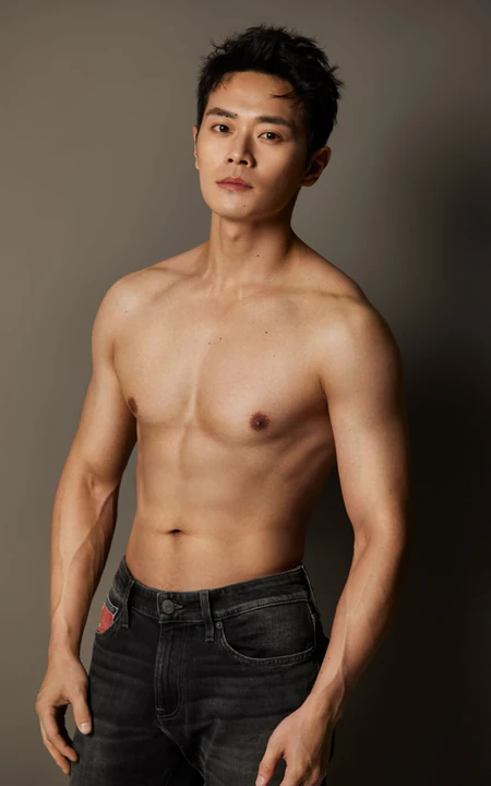曹骏上身造型牛仔裤拍硬汉风格写真，身材健美，腹肌明显