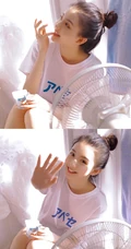 穿牛仔热裤不系扣子的超可爱丸子头漂亮小脸浅粉线条感少女室内写真照