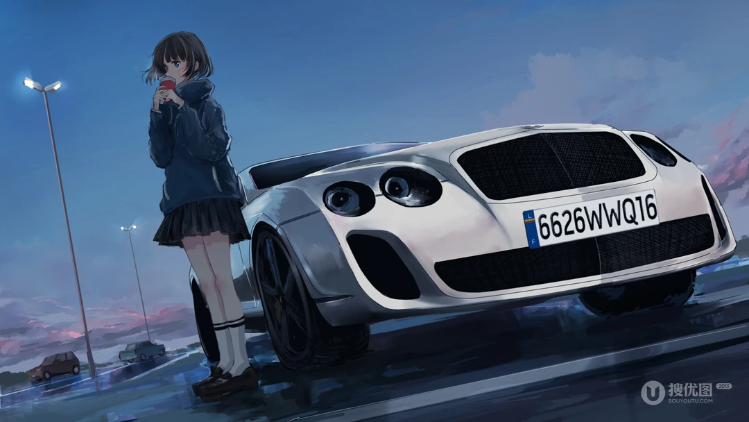 动漫女孩和他的白色宾利轿车插画桌面壁纸
