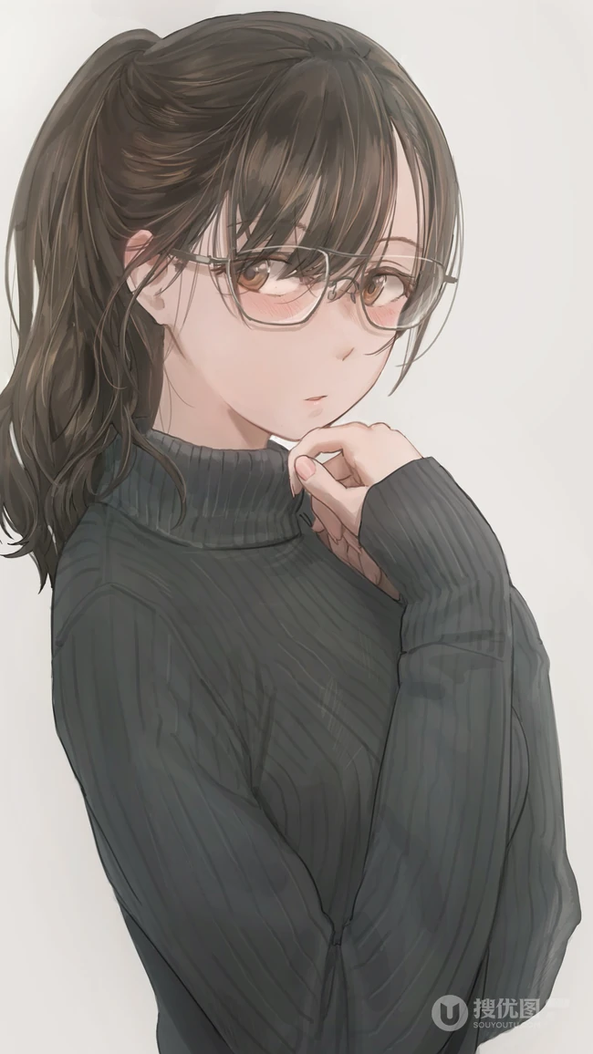 毛衣马尾辫戴眼镜的动漫美女插画人像手机壁纸
