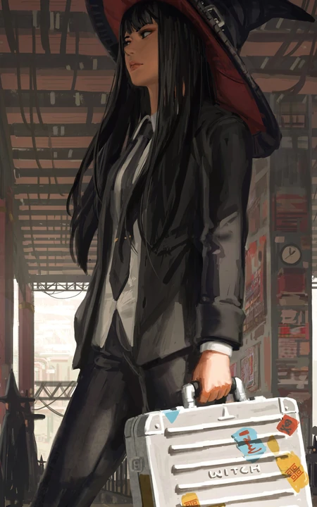 画师wlop作品戴着魔法帽的美女西装暴徒插画手机壁纸