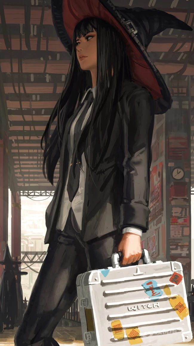 画师wlop作品戴着魔法帽的美女西装暴徒插画手机壁纸