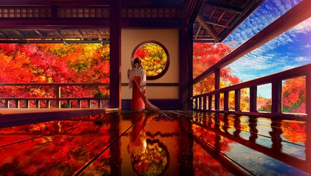 红色枫树边的阁楼正在扫地的和服动漫美女场景插画桌面壁纸