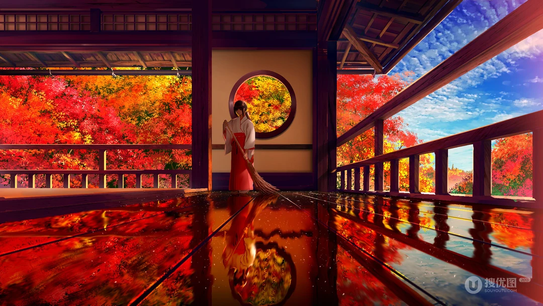 红色枫树边的阁楼正在扫地的和服动漫美女场景插画桌面壁纸