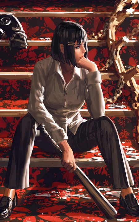 坐在红色地毯楼梯上拿着棒球棒的动漫美女手机壁纸