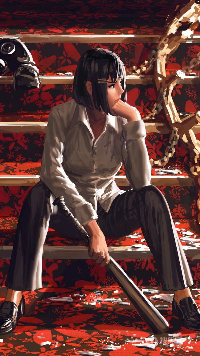 坐在红色地毯楼梯上拿着棒球棒的动漫美女手机壁纸