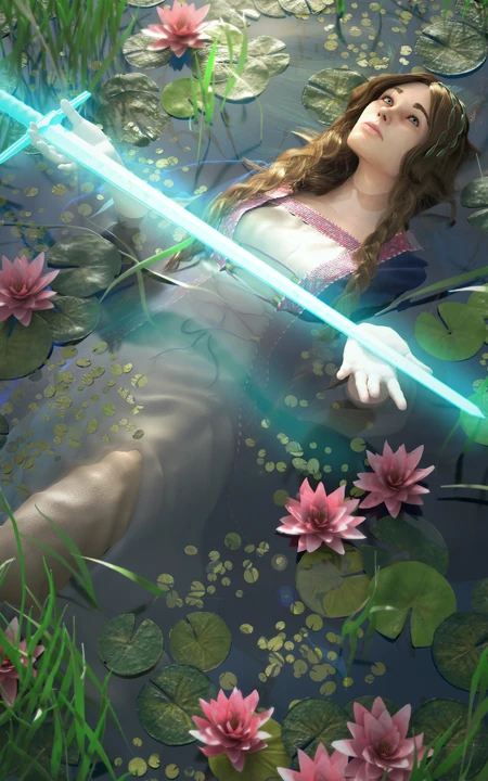 双手托着光剑躺在荷塘的动漫美女手机壁纸