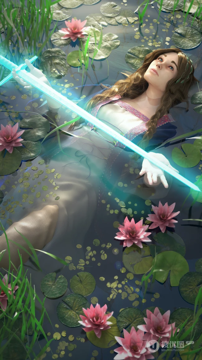 双手托着光剑躺在荷塘的动漫美女手机壁纸