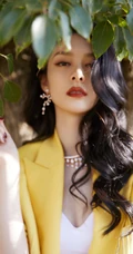 傅菁黄色西服套装搭配白色紧身背心酷美装扮，现身户外公园漫步写真美照