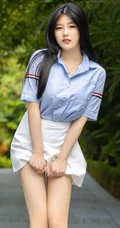 气质可爱长腿微胖女生娜露Selena蓝衣衬衫白裙户外街拍动人写真图片