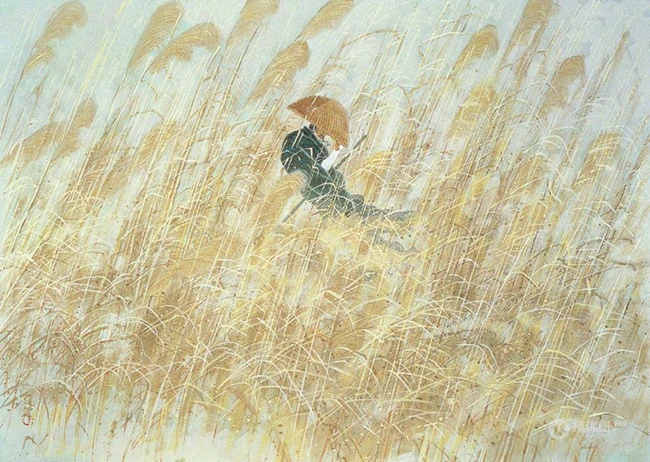 宁静的画面，和谐温暖，世外桃源般的田野色彩画意境插画美图